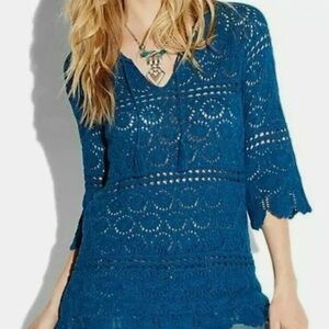 Lucky Mandala Boho Top Bright Blue Crochet Knit Small 😍